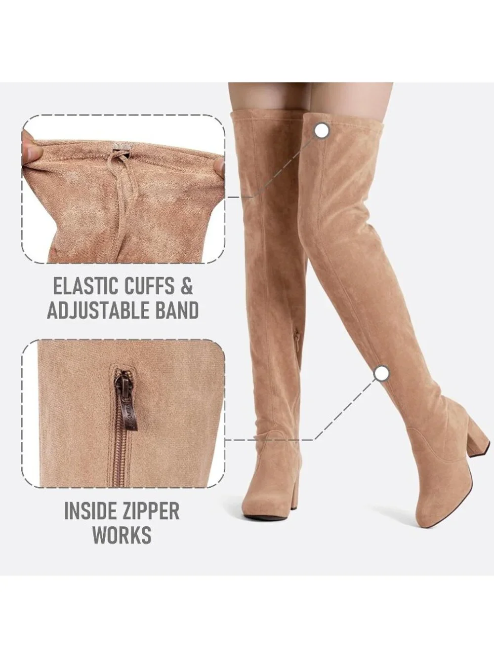 Women's Sand Suede Closed Round Toe Block Heel Over The Knee High Boots